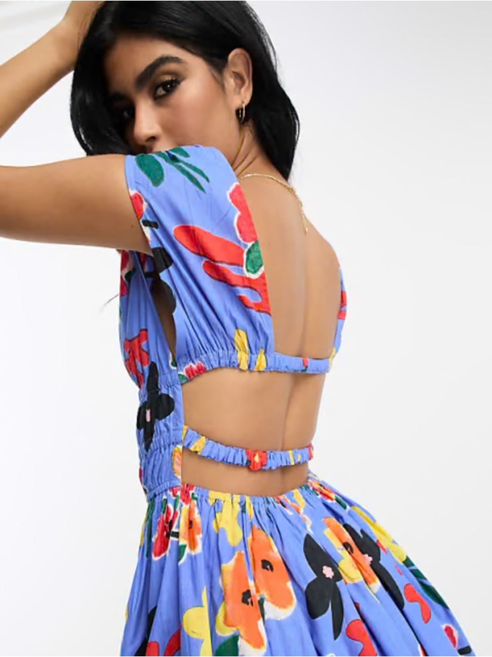 ASOS Blue Floral V-Neck Mini Dress - Picture 2 of 6